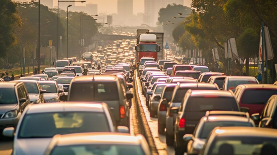 carros e caminhão em avenidas com transito mobilidade urbana